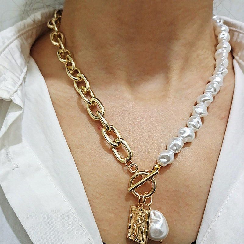 Necklace Pendant Lock-Chains Punk Jewelry Irregular Pearl